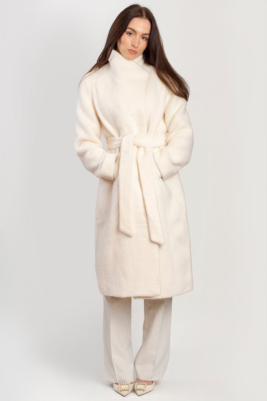Austen white alpaca wool coat by Coature London, closed front view